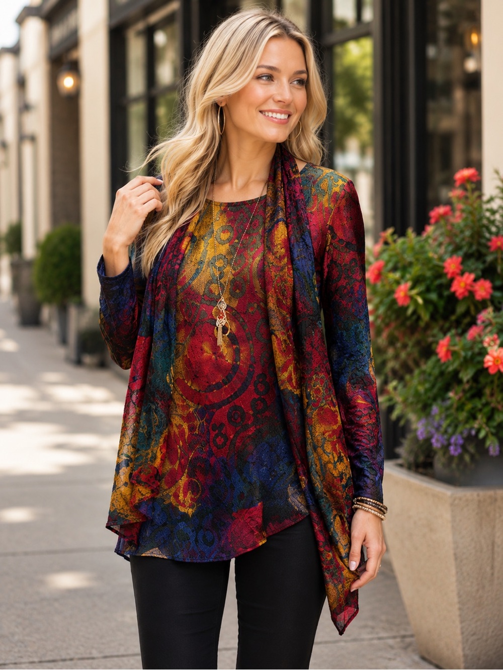 Ali Miles Abstract Print Tunic Top Petite Large PL Long Sleeve Scarf